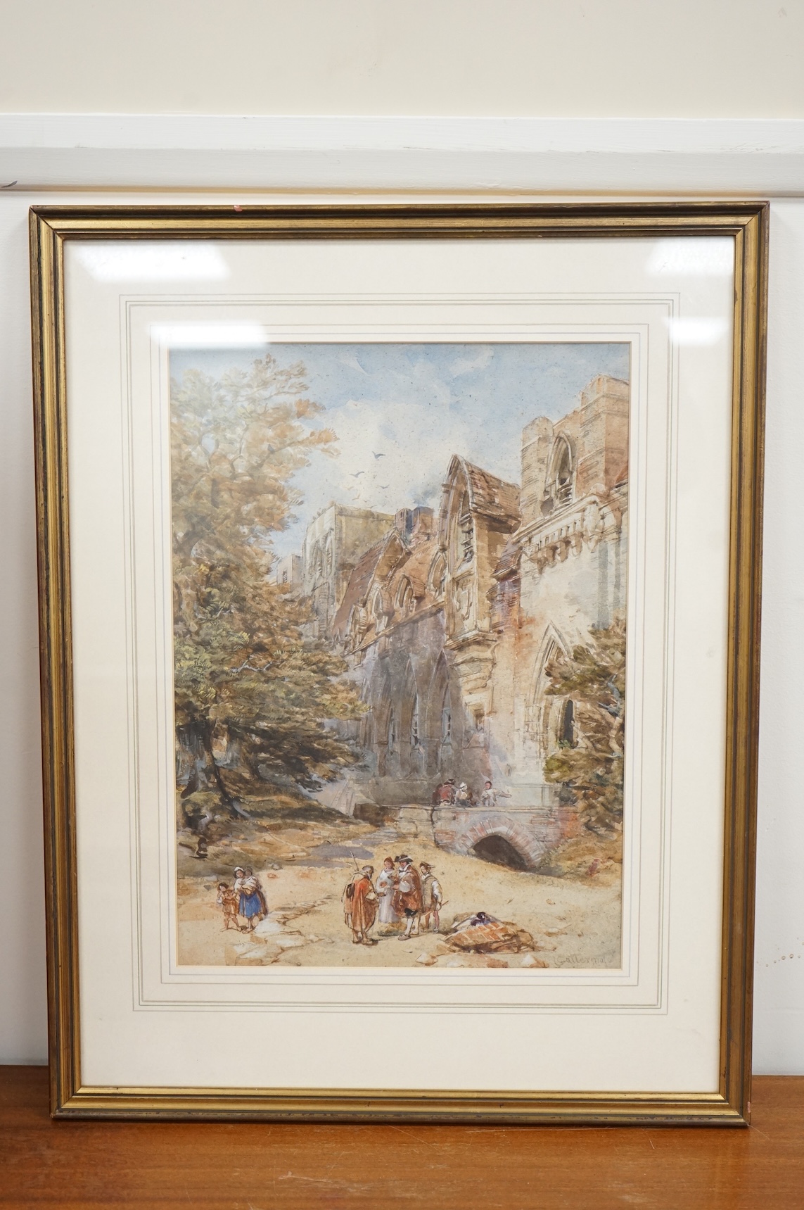 George Cattermole (1800-1868), watercolour, Figures before castle walls, 39 x 28cm